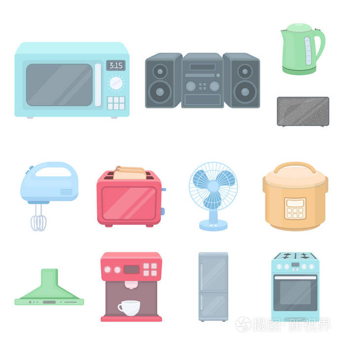 家用电器的类型卡通图标集合中的设计.厨房设备矢量符号库存 web 插图