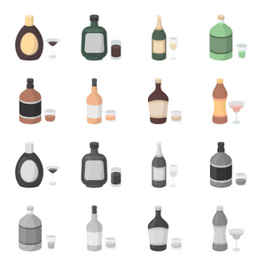 威士忌, 白酒, 朗姆酒, 苦艾酒。酒精集合图标在卡通, 单色风格矢量符号股票插画网站