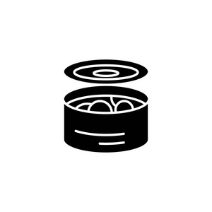 罐装食品黑色图标概念。罐装食品平面矢量符号, 符号, 插图