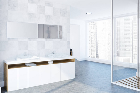 白色瓷砖豪华浴室角落与混凝土地板, 一个双容器水槽和一个长窄的镜子挂在上面。3d 渲染