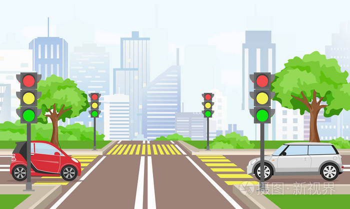 在大的现代城市中, 汽车的道路交叉的矢量例证.