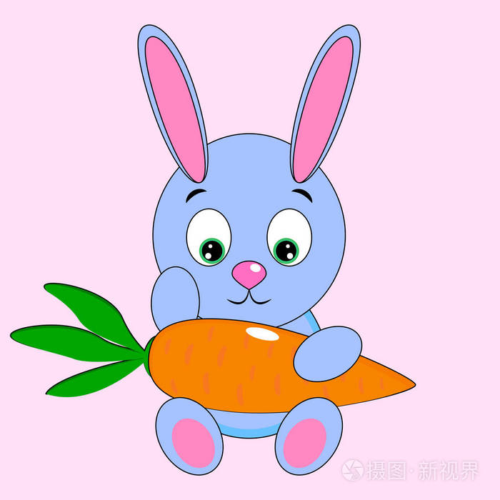 一个美妙的简单的蓝色小白兔与胡萝卜在粉红色的背景