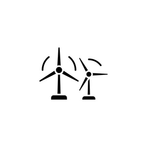 风电场黑色图标概念。风电场平面矢量符号, 符号, 插图