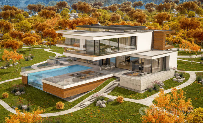3d. 将现代舒适的房子由河与车库出售或租金与美丽的山在背景下渲染.