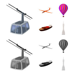 无人机, 滑翔机, 气球, 运输驳船, 太空火箭运输模式。在卡通中传输集集合图标, 单色矢量符号股票插画网站