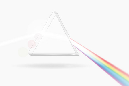 光谱棱镜图片。透明光学元件, 三角形棱镜驱散白光光束, 彩虹波长