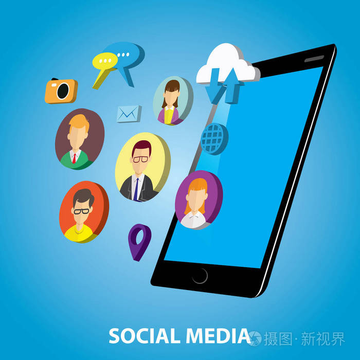 社会媒体概念的向量例证, 人连接在线云彩通信, 小工具并且头像标志