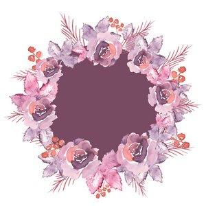 花圆形框架紫色水彩玫瑰, 浆果和叶子装饰