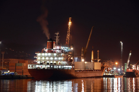 商业船舶在港口在晚上