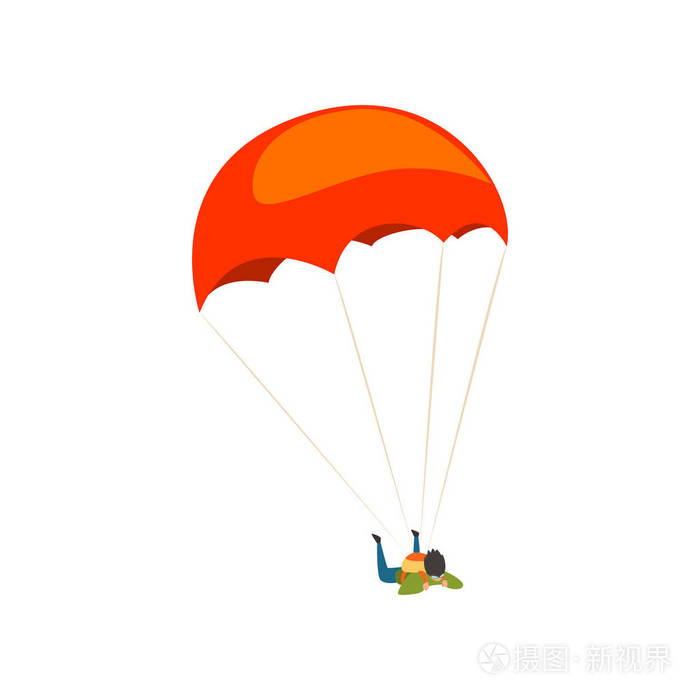 插画 年轻人用降落伞飞行, 跳伞运动和休闲活动概念矢量插图在白色