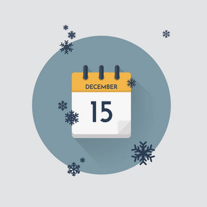 矢量插图。日历与日期12月15日和雪花。冬季月份
