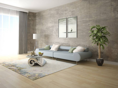 模拟一个时髦的客厅与时尚舒适的沙发和时髦的背景