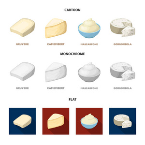 格鲁耶尔, 乳酪, 眷恋, 戈贡佐拉。不同类型的奶酪集合图标在卡通, 平面, 单色风格矢量符号股票插画网站