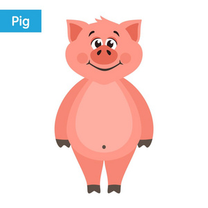 可爱的粉红色的猪。在白色背景上的卡通人物。平坦的风格。彩色矢量插图