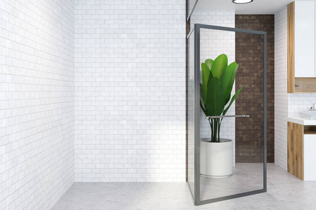 白色砖浴室内部有一个开放的玻璃门, 水槽和盆栽植物。一层水泥地板。3d 渲染模拟
