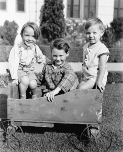 三个男孩坐在推车和微笑