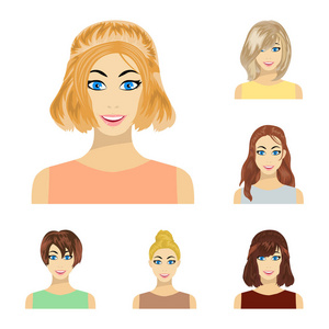 类型的女性发型卡通图标集收集为设计。女性矢量符号股票的外观 web 插图