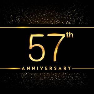 57年周年纪念庆祝标识。黑色背景的金色标志, 问候或邀请卡的矢量设计