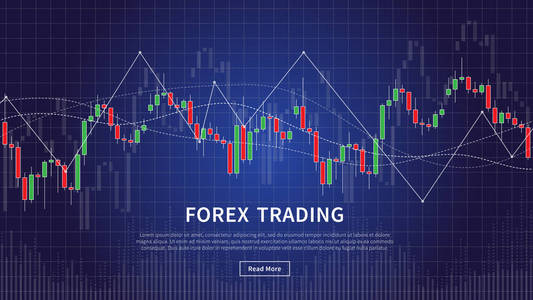 烛台图在外汇贸易矢量图在蓝色背景。外汇交易金融证券市场平面设计理念