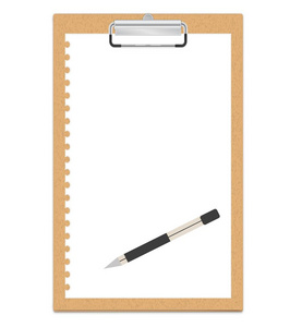 带有空白纸张和钢笔的剪贴板, 在白色背景上被隔离。Eps 文件可用