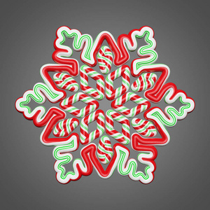 糖果风格的雪花在灰色的背景。圣诞元素装饰红色和绿色条纹。3d 渲染