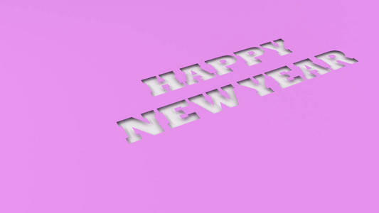 白色快乐的新年单词用紫色纸剪下来。3d 渲染插图