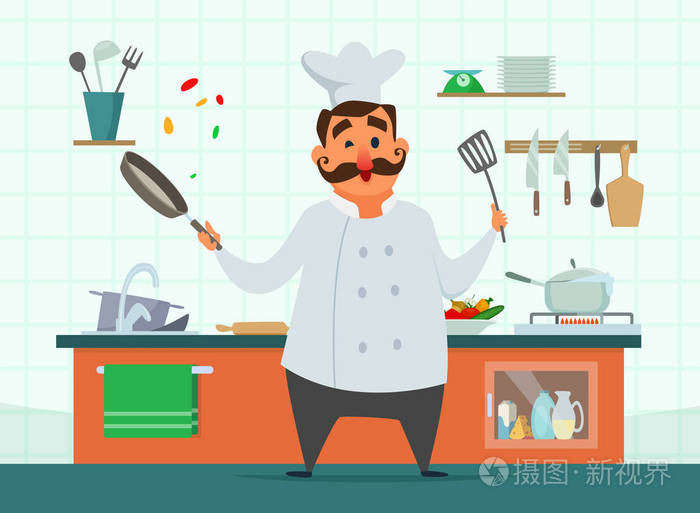 厨师在厨房做饭卡通风格中的矢量特征