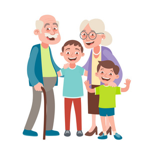 祖父母和两个孙子肖像。快乐祖父母日概念。卡通风格中的矢量插图, 在白色背景下被隔离