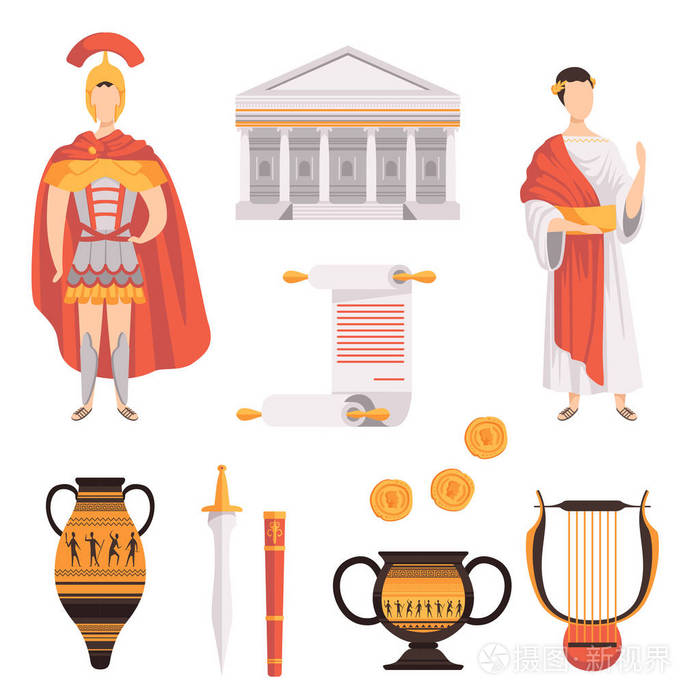 古罗马帝国的传统符号在白色背景上设置矢量插图