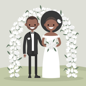 一对新婚夫妇站在花拱后面。新娘和新郎。新的家庭。典雅的花园仪式。平面矢量插图, 剪贴画