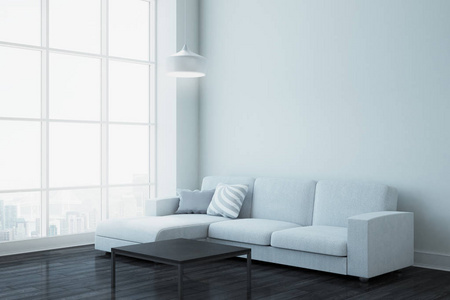 现代客厅内有沙发, 城市景观和白色复制空间在墙上。模拟, 3d 渲染