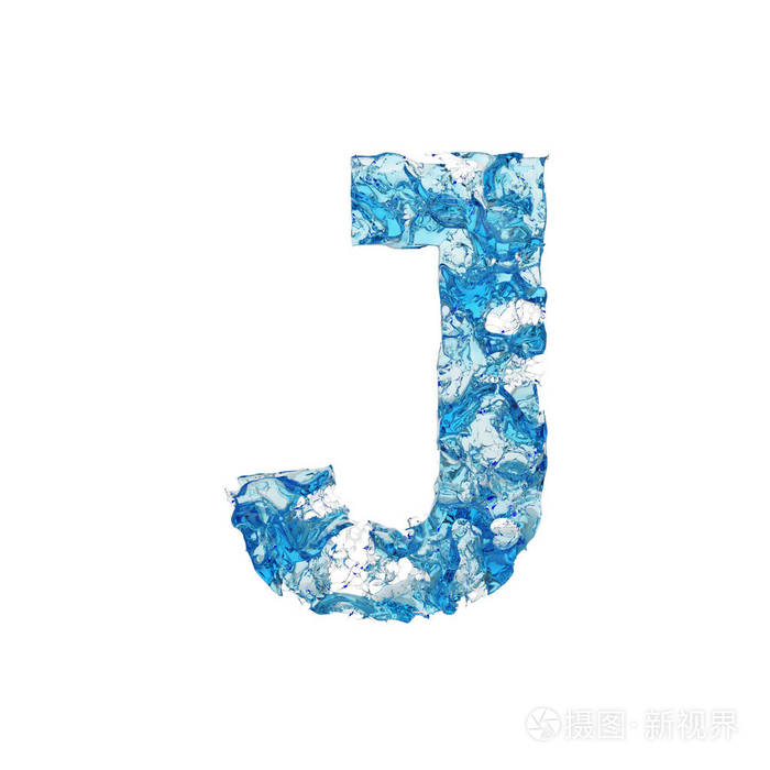 字母j 大写.由蓝色透明的水制成的液体字体.3d 渲染在