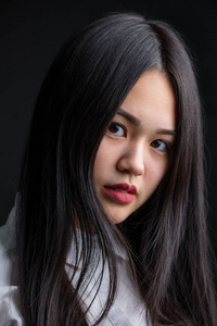 亚洲年轻女子在白色以上黑色背景。黑色和白色