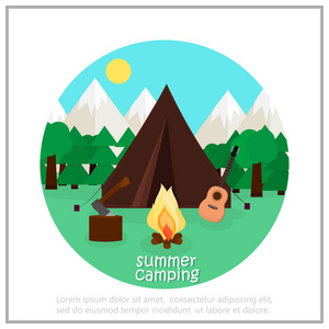 背景为夏令营自然旅游野营设计理念。向量