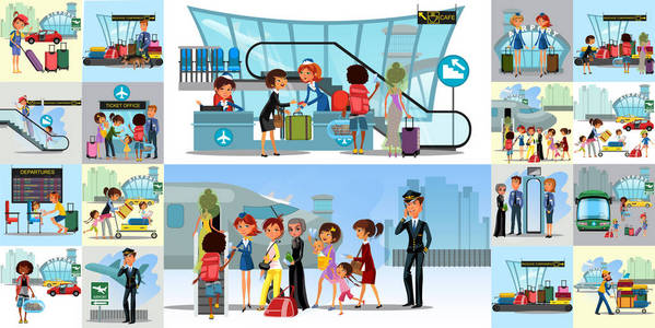 人们在机场平彩色图标集的试点空姐游客旅行箱包检查站和安检孤立的矢量图