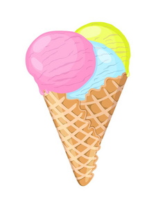 冰淇淋球在华夫角。矢量插图