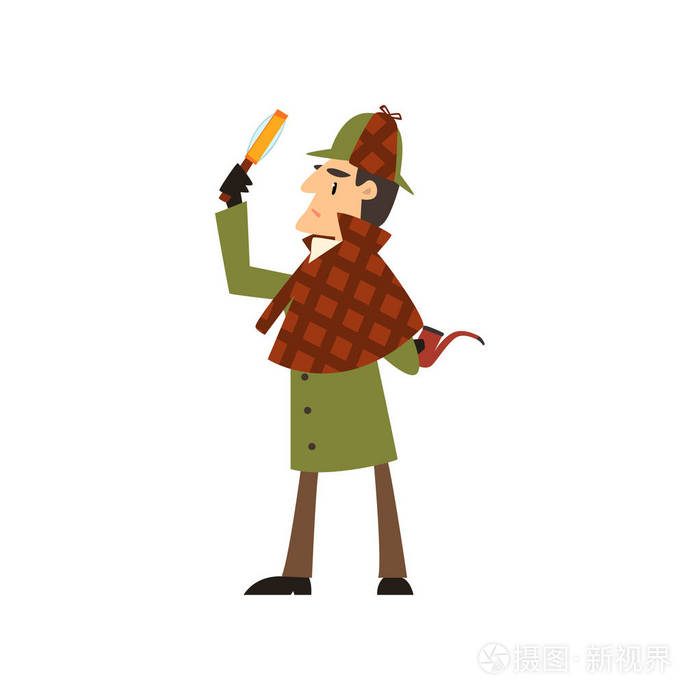 福尔摩斯侦探人物与放大镜和吸烟管道矢量插图白色背景