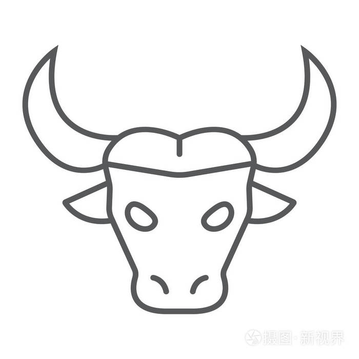 水牛细线图标, 动物和动物园, 牛符号矢量图形, 在白色背景上的线性
