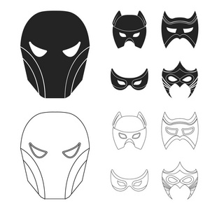 面具的头部和眼睛。超级英雄面具集合图标在黑色, 轮廓样式矢量符号股票插图