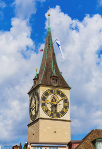 st. 彼得教会的钟楼在苏黎世瑞士城市的一个知名的建筑地标