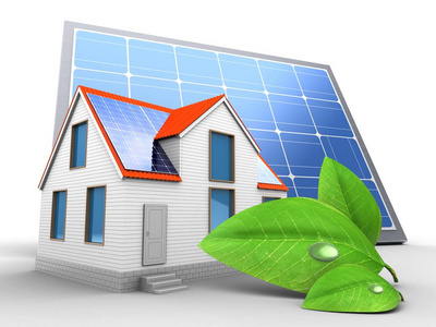 3d. 太阳能电池板和带有白色背景叶子的房子的图示