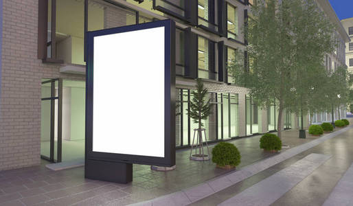 3d 渲染器图像。街道上的空白街道广告牌。模拟概念