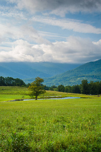 西弗吉尼亚州波托马克高地的池塘和山脉景观