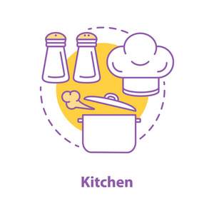 烹饪概念图标。食品制备思路细线条插图。煮 stewpan, 主厨帽, 盐和胡椒罐。矢量隔离轮廓图