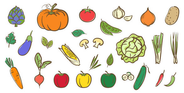 混合蔬菜收藏, 卡通风格的可爱彩色矢量插图