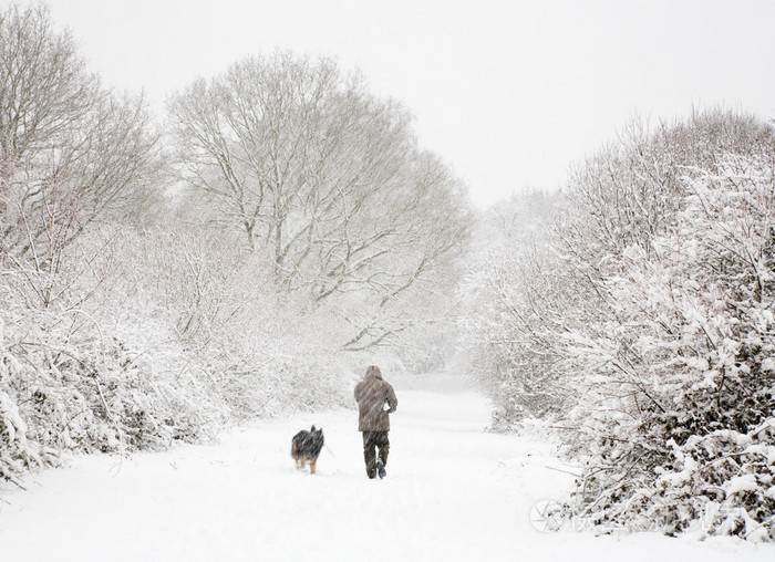 男人和狗在雪中