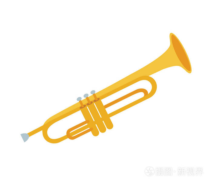 白色背景上的金色小号.小号的矢量例证.风乐器.