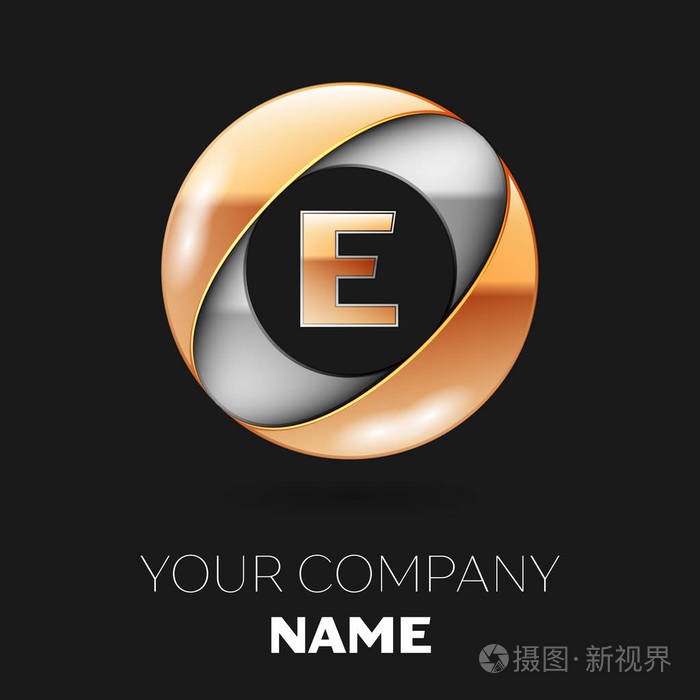 逼真的金色字母 e 标志符号在银色金色的圆圈形状上黑色背景.