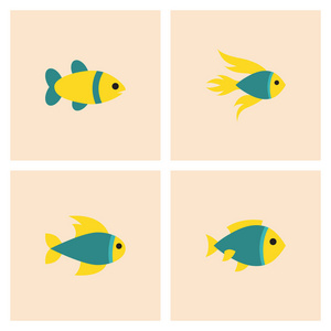 矢量水族馆鱼剪影插图。彩色卡通平板水族馆鱼图标收藏