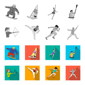 射箭, 空手道, 跑步, 击剑。奥林匹克体育集合图标在单色, 平面式矢量符号股票插画网站